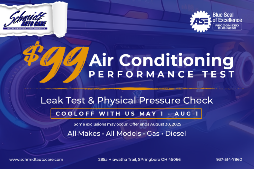 Promotional flyer for a car air conditioning performance test for $99 with details about the service and contact information.