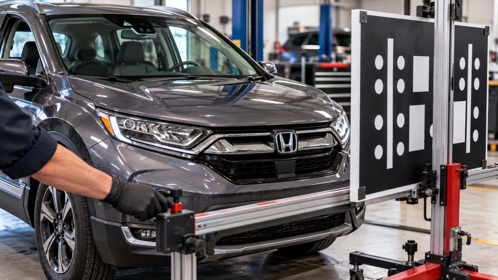 Honda CR-V undergoing ADAS camera calibration after windshield replacement in Springboro, Ohio