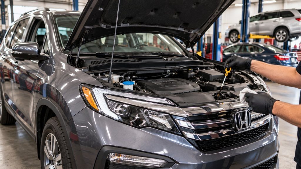 Technician checking engine oil during preventive family vehicle maintenance on a Honda SUV at an auto repair shop in Springboro, Ohio.
