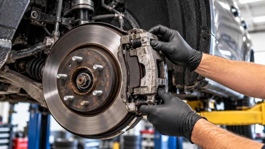 Technician inspecting brake caliper, brake pads, and rotor during brake system diagnostics in Springboro, Ohio.