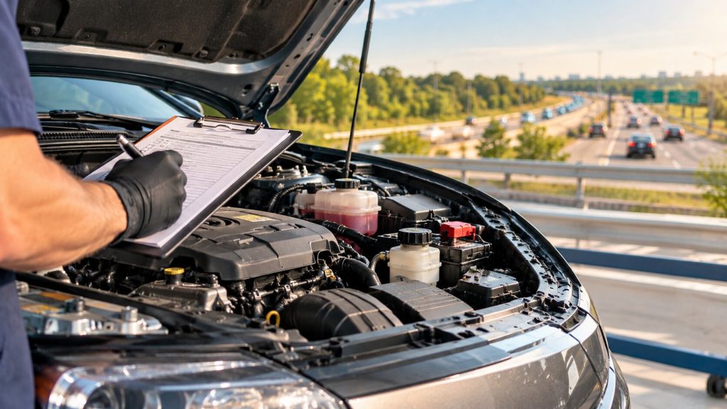 Professional mechanic inspecting a commuter vehicle for preventive car maintenance, tire wear, and brake condition in Springboro, OH.