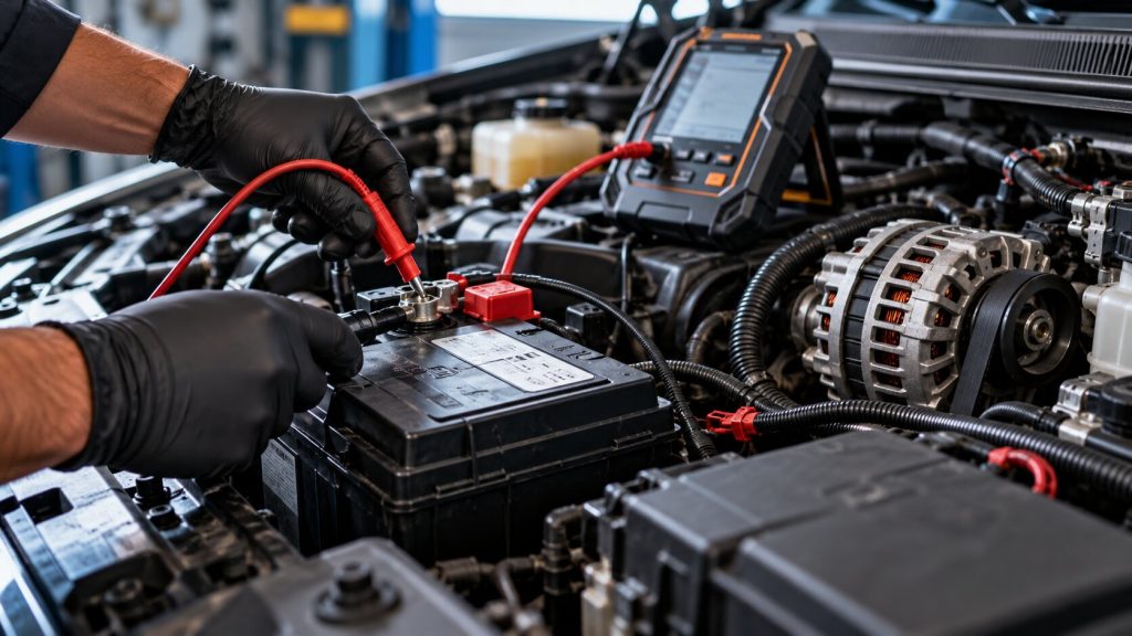 Technician performing automotive electrical testing on a car battery and charging system using a digital diagnostic tester in Springboro, OH.