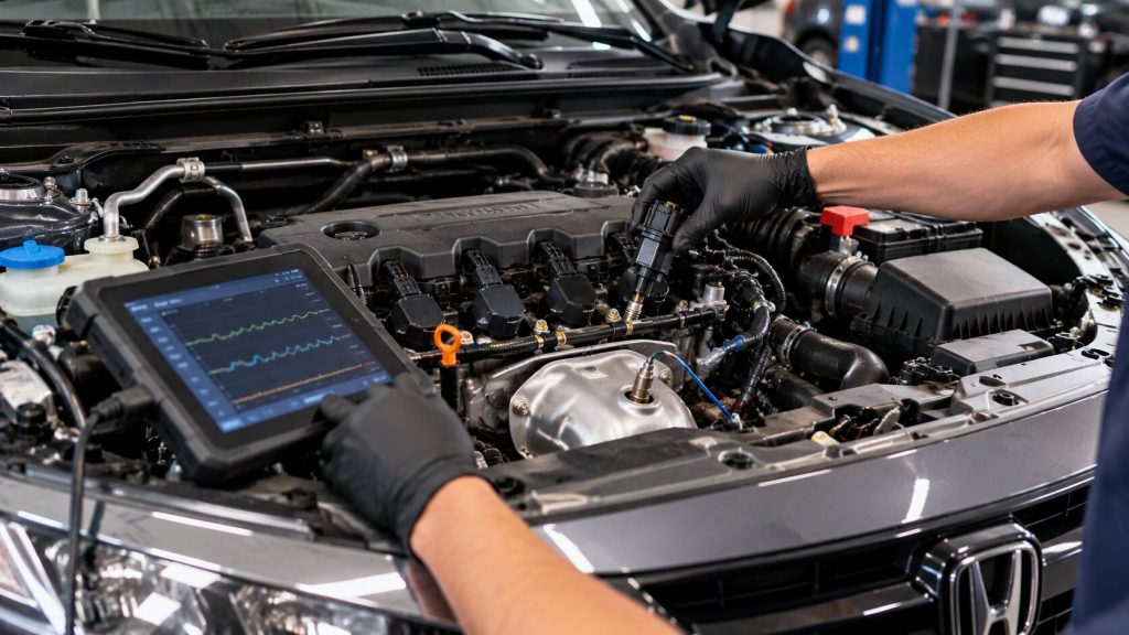 Mechanic diagnosing engine shuddering and Check Engine Light problems on a Honda Civic using automotive diagnostic equipment.
