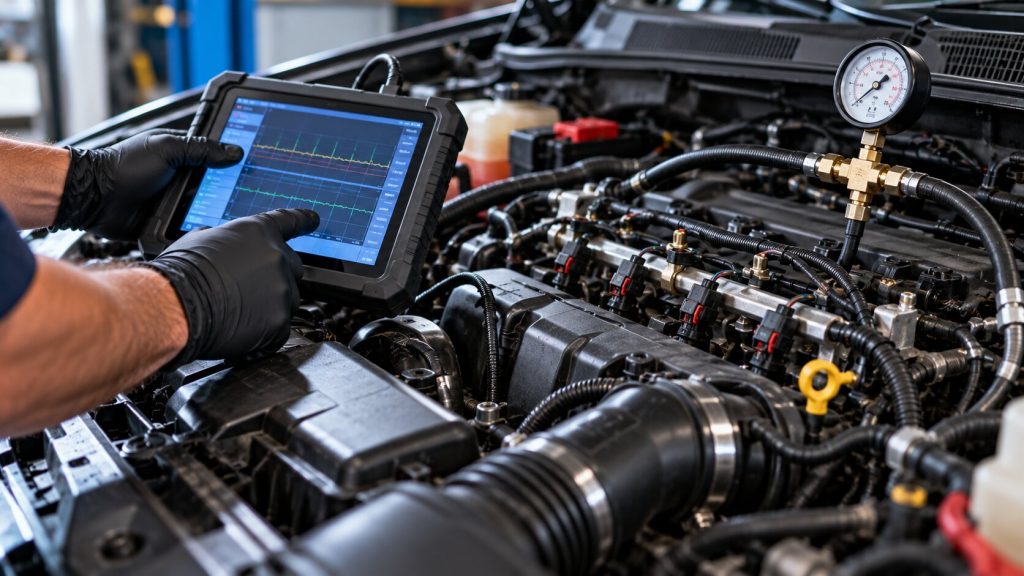 Technician using a diagnostic scan tool and fuel pressure gauge to test engine fuel delivery and performance problems in Springboro, OH.