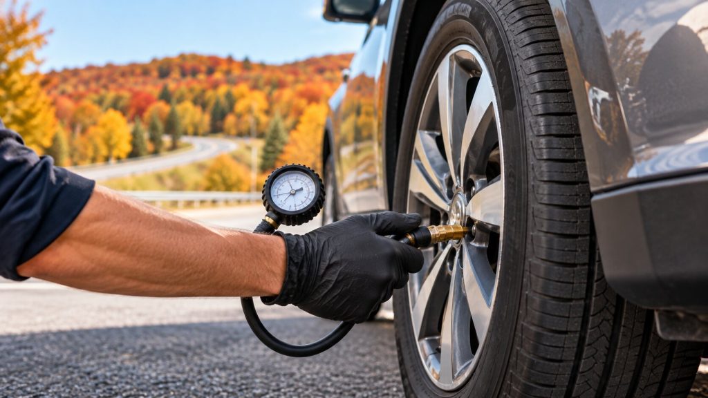 Mechanic performing a pre-trip vehicle inspection for an Ohio fall road trip, checking essential car maintenance components before highway travel.