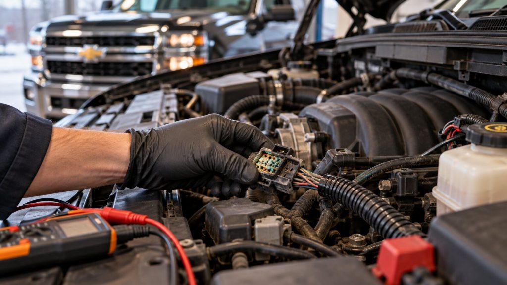 Technician diagnosing wiring corrosion and electrical connection problems on a GM 5.3L truck in Springboro, Ohio