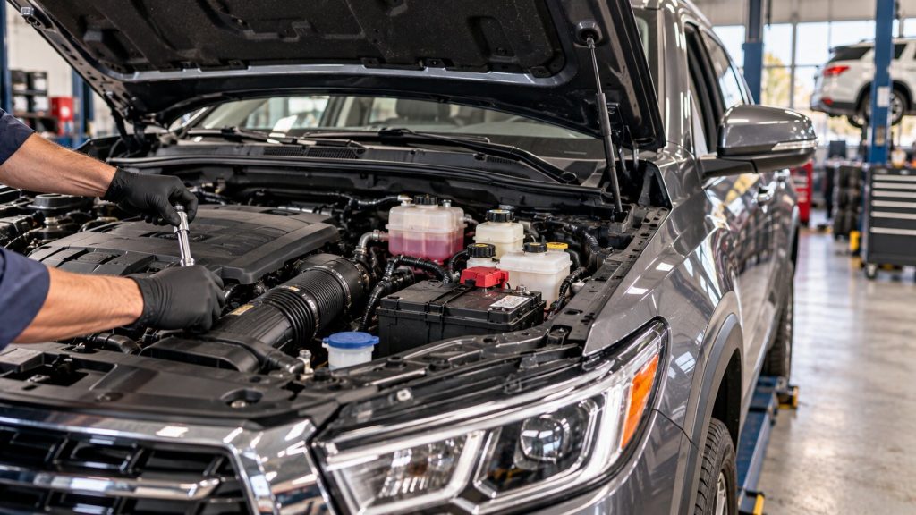Mechanic performing a family SUV maintenance inspection in Springboro, Ohio, checking engine components and fluids for reliable daily driving.