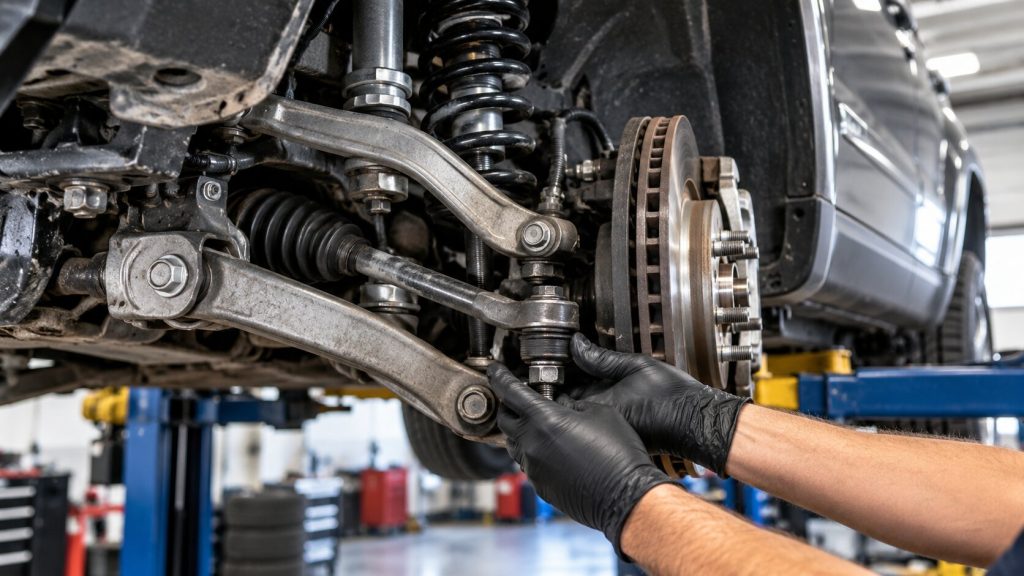 Technician inspecting ball joints, control arms, and steering components during steering and suspension diagnostics in Springboro, OH.