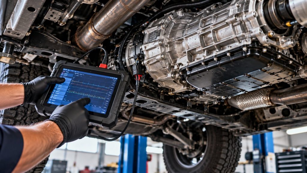 Technician using a diagnostic scan tool to inspect automatic transmission components and electronic control data beneath a pickup truck in Springboro, OH.