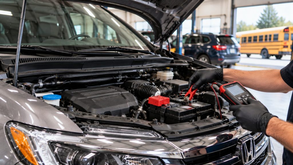 Technician performing car battery testing on a Honda family minivan during a school-run vehicle maintenance inspection in Springboro, Ohio.